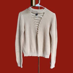 forever 21 beige lace up detail knitted crew neck sweater